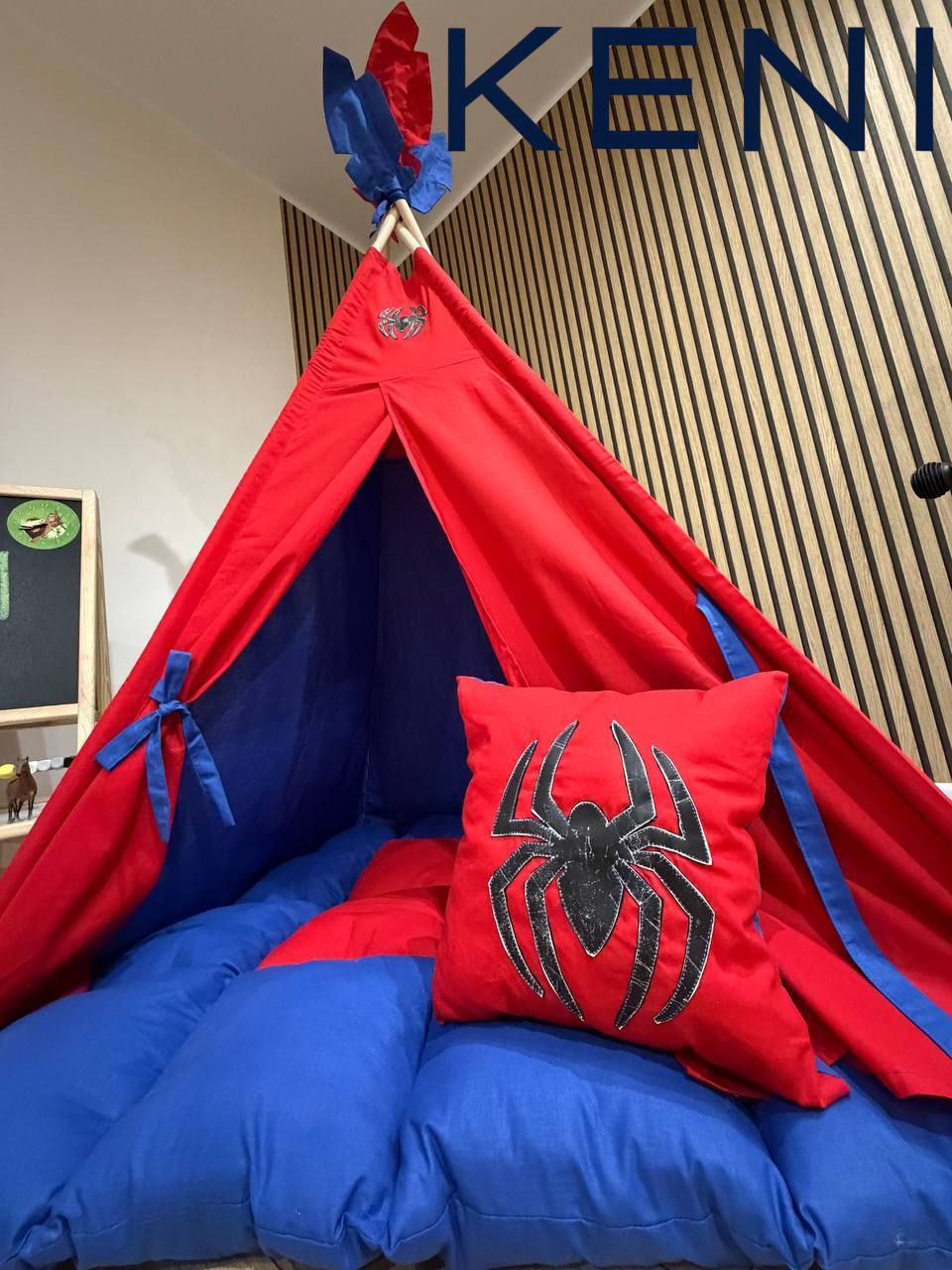 Pillow with "Spider Dream House" patch