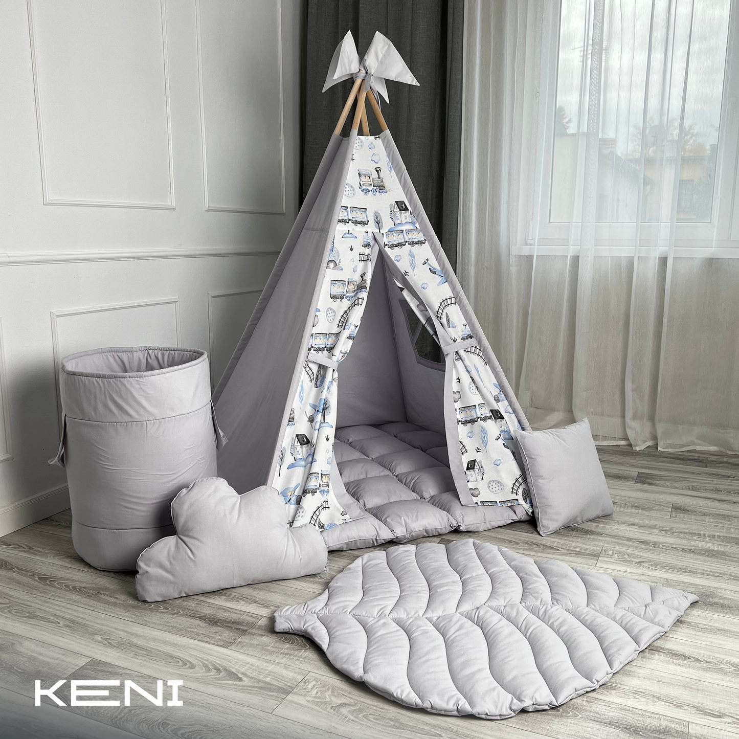 Children's tipi tent «Locomotives and Planes» Gray
