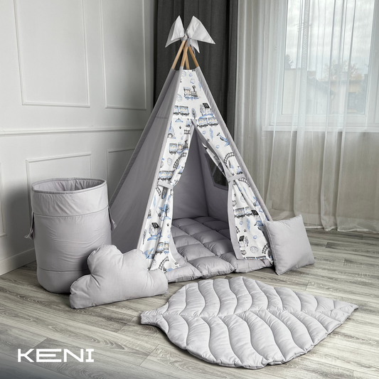 Children's tipi tent «Locomotives and Planes» Gray