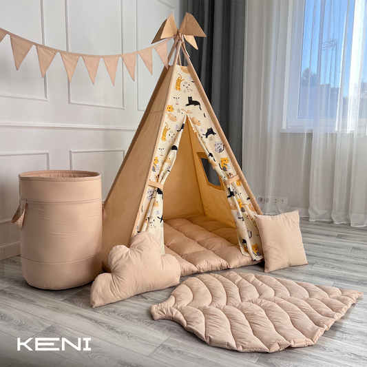 Children's teepee tent «Cheerful cats» Beige