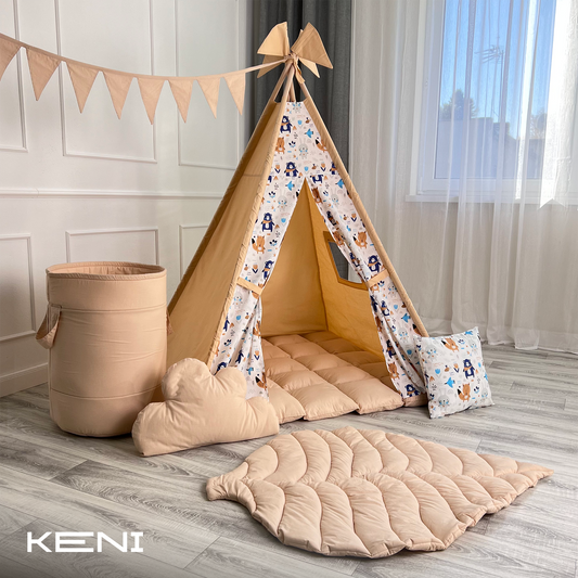 Children's tipi tent «Animals» Beige