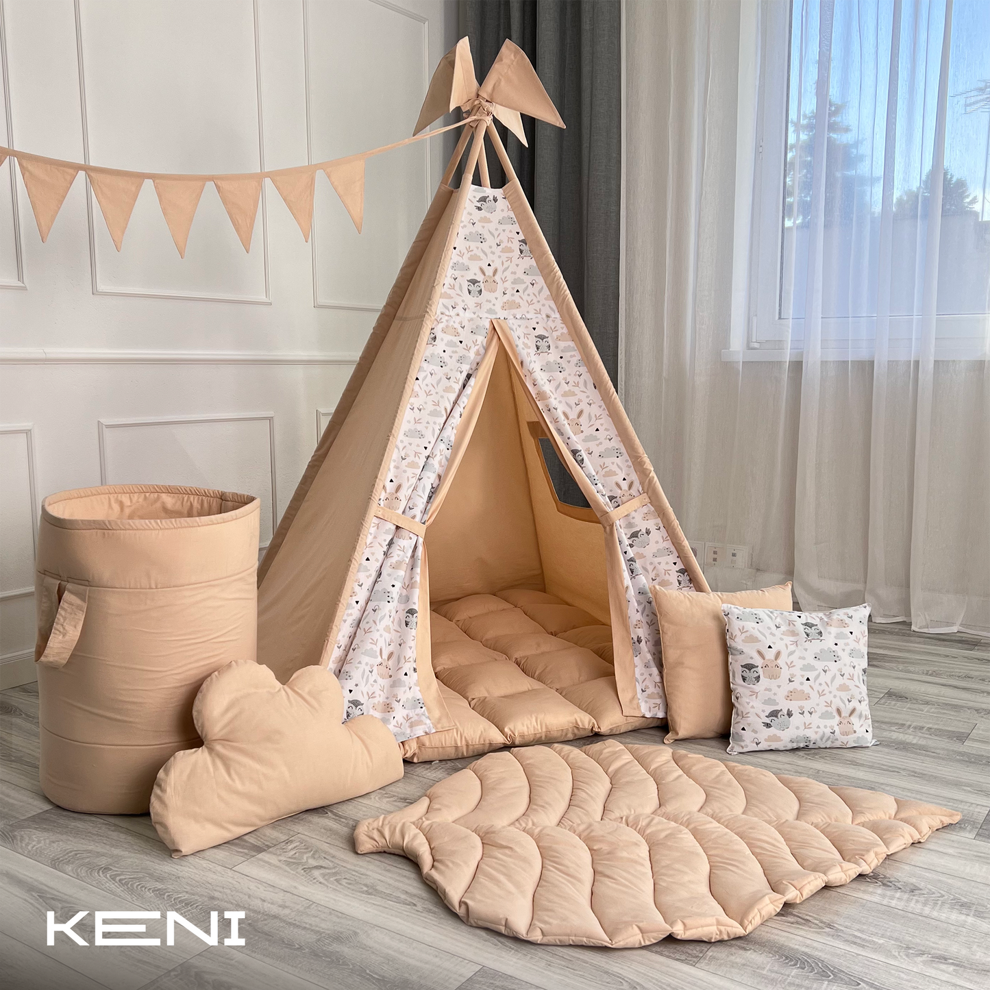 Children's tipi tent "bunnies and owls" Beige